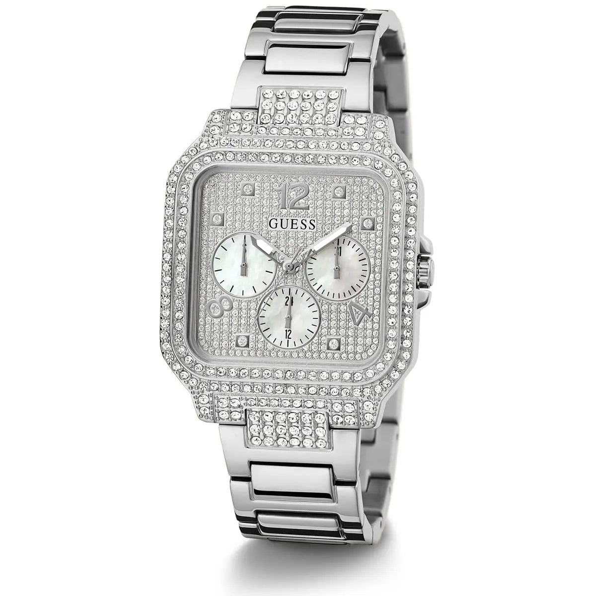 Guess GW0472L1 women's watch side view showing case profile and silver steel bracelet