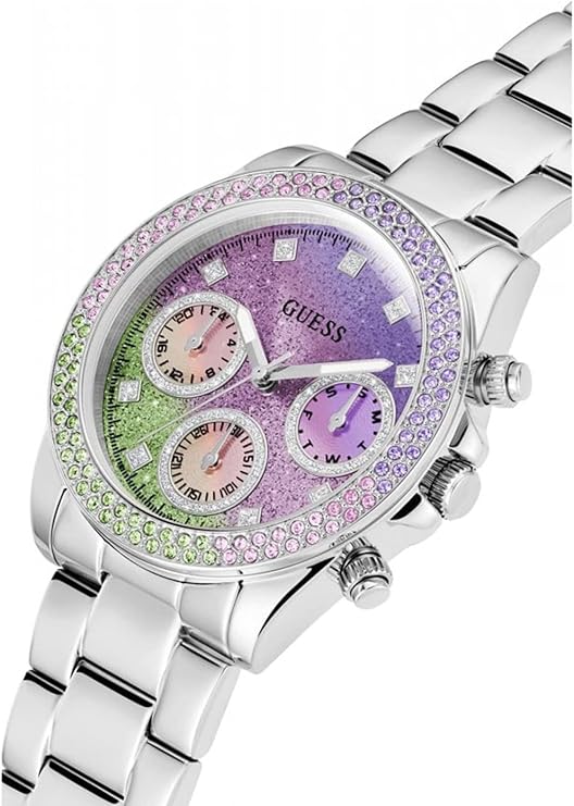Angled view of GUESS GW0483L1 multifunction watch with ombre purple and green dial