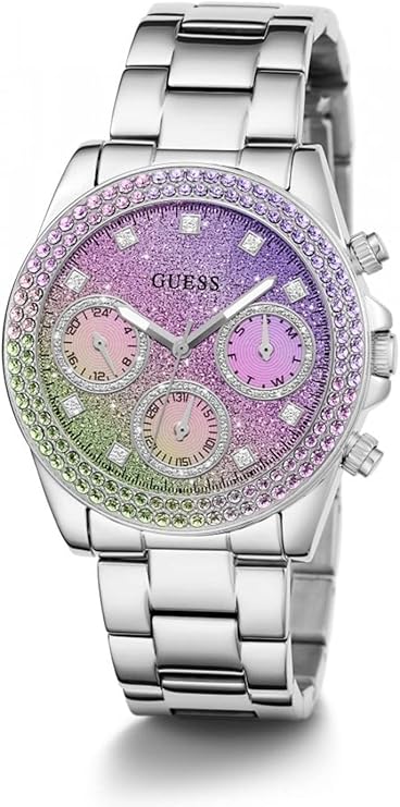 GUESS GW0483L1 chronograph watch with silver tone case and purple-green glitter dial