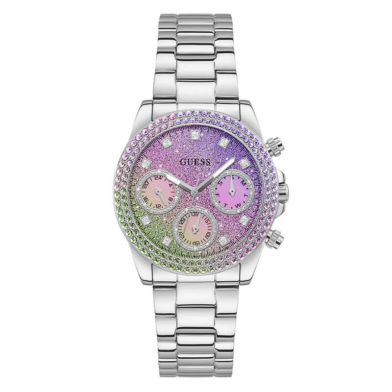 GUESS silver-tone women's watch with purple and green ombre glitter dial and chronograph subdials