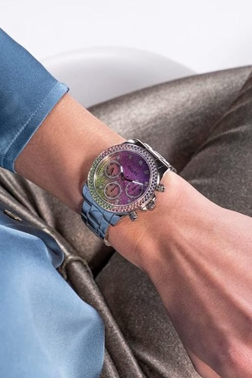 GUESS GW0483L1 watch on wrist showing ombre purple and green dial with chronograph pushers