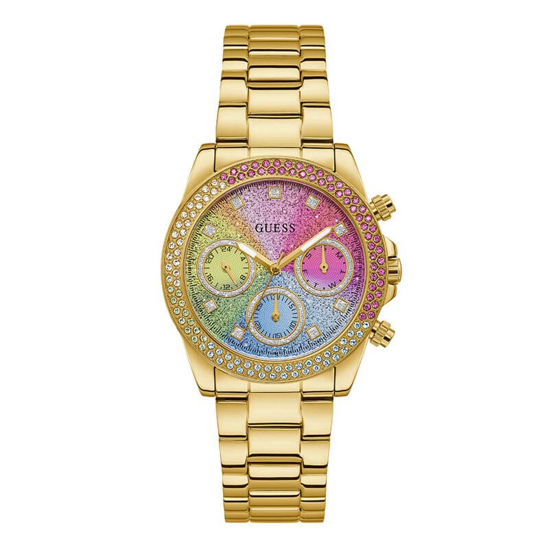 Guess gold chronograph women's watch with multicolor glitter dial and crystal bezel