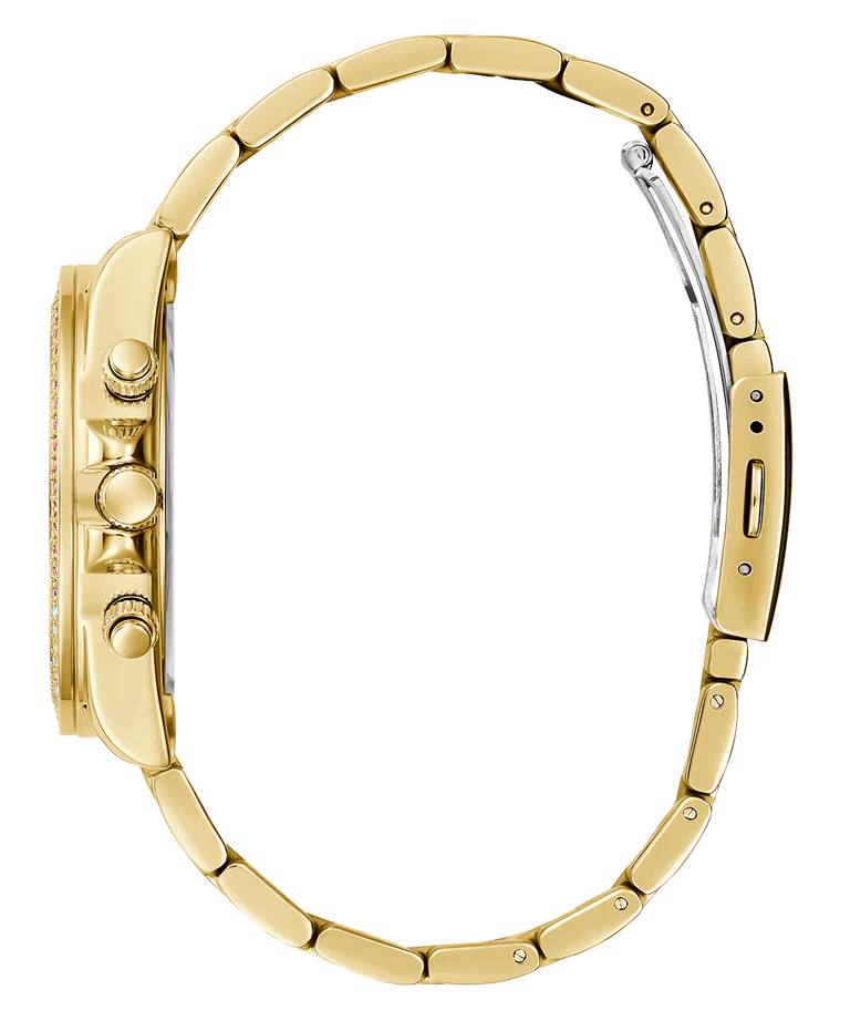 Side profile of Guess gold chronograph watch bracelet and case