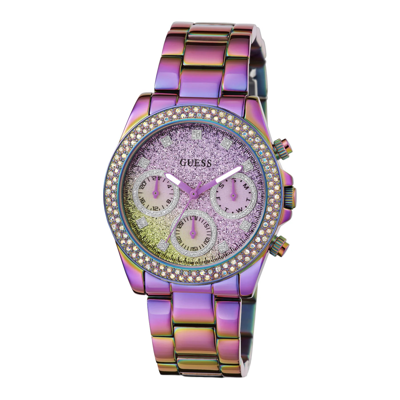 Guess pink chronograph watch angled view showing crystal bezel and iridescent metal bracelet