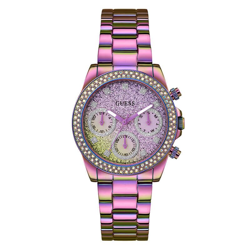 Guess 38mm pink women's watch with crystal bezel and glitter dial, iridescent bracelet strap
