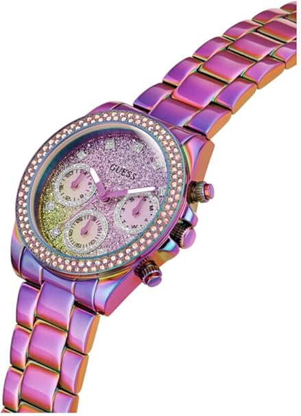 Guess 38mm pink chronograph watch on-wrist view with crystal bezel and iridescent strap