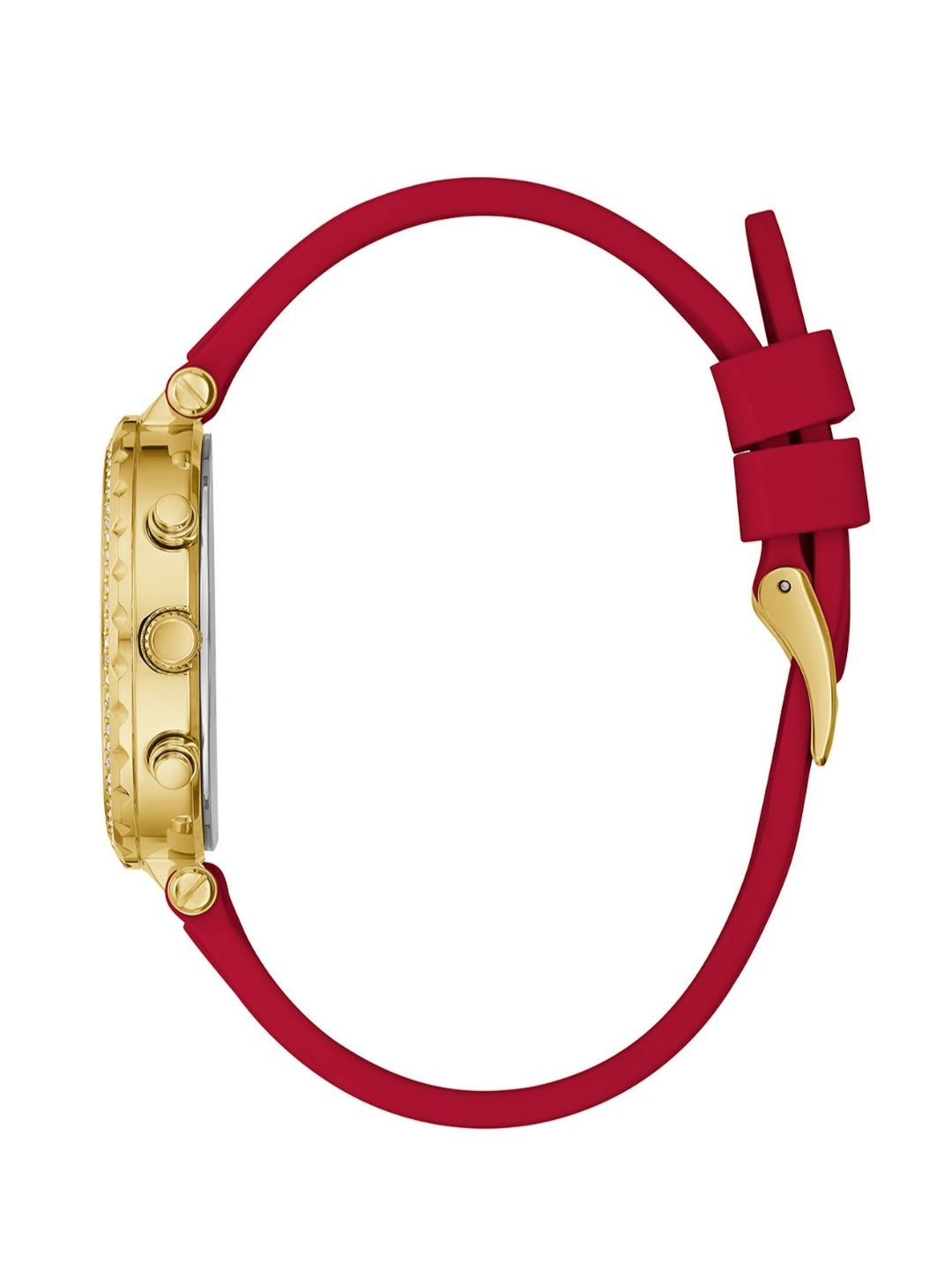 Side view of Guess watch with gold tone case and red rubber strap