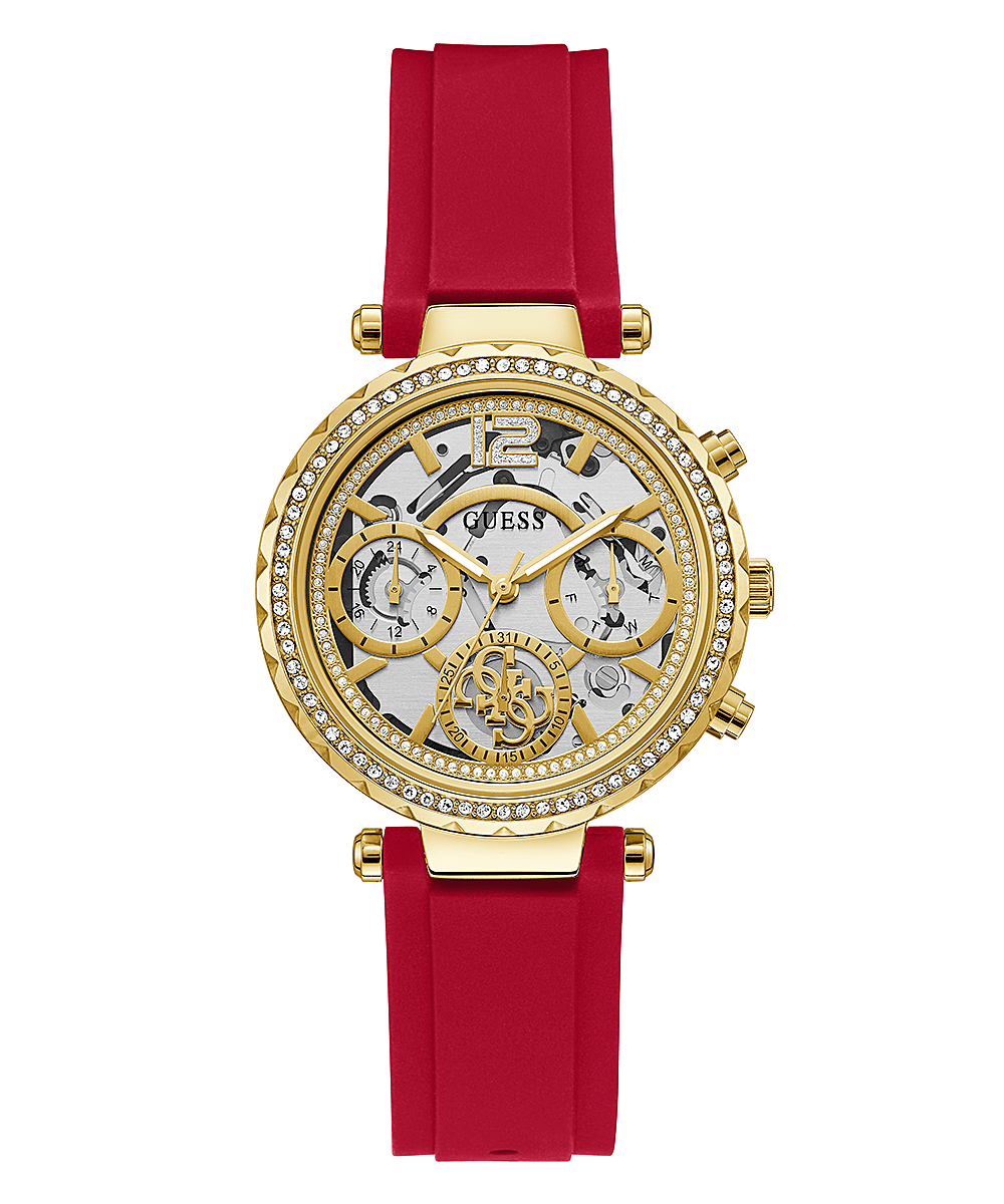 Guess GW0484L1 women's gold tone chronograph watch with red rubber strap