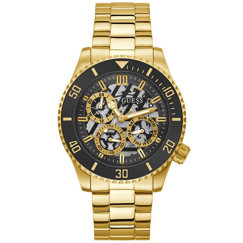 Guess men's watch with gold case and bracelet, black skeleton dial with visible chronograph subdials