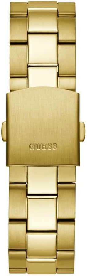 Close-up of Guess watch's gold link bracelet and clasp with GUESS branding