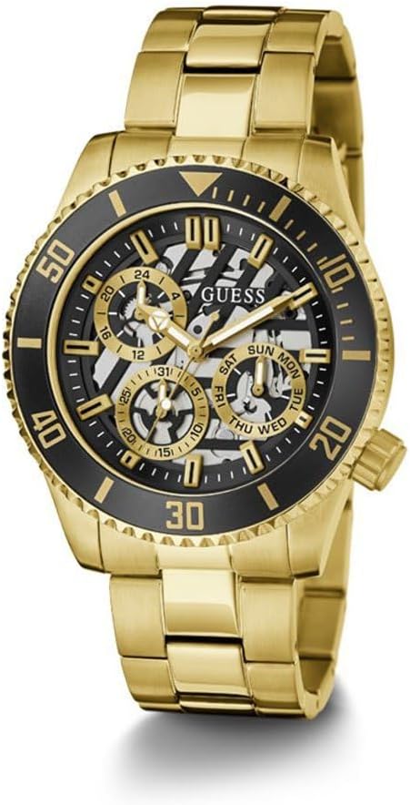 Guess GW0488G2 men's skeleton watch, gold case and bracelet with black dial and chronograph subdials