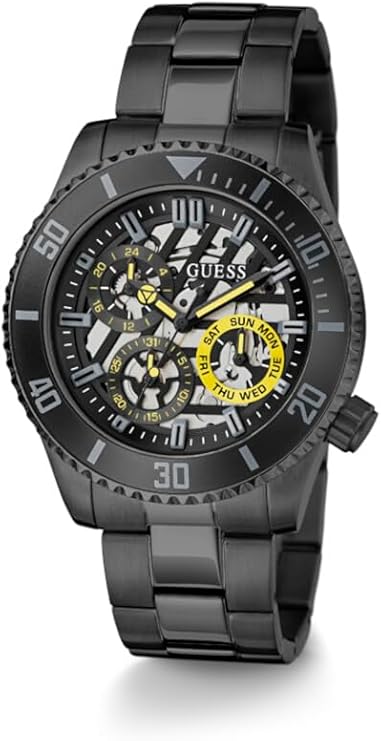 GUESS GW0488G3 black watch angled view showing skeleton movement and yellow chronograph subdials