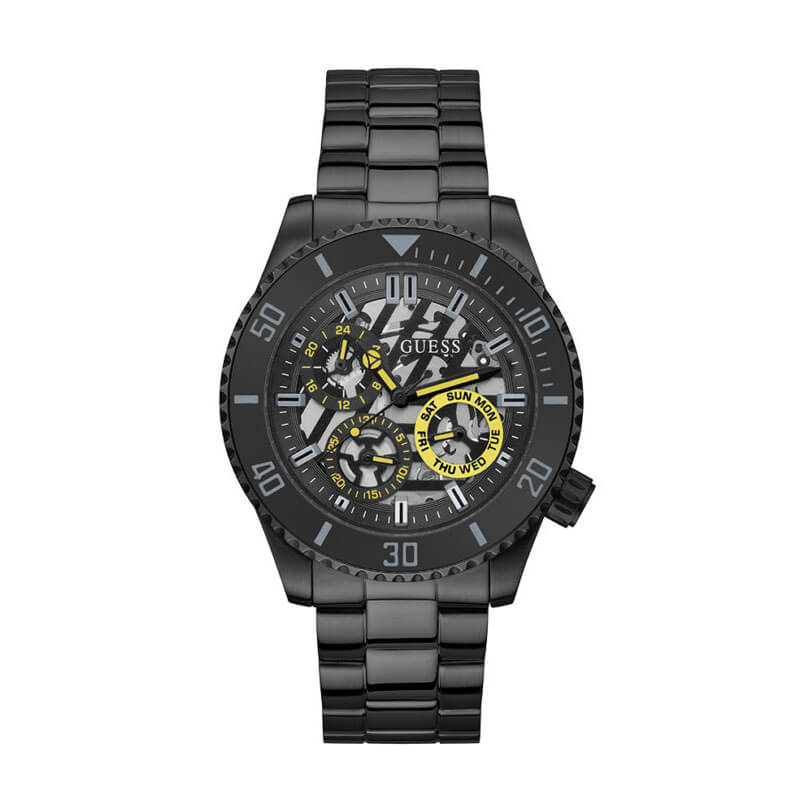 GUESS GW0488G3 black multi-function mens watch with skeleton dial and yellow subdials