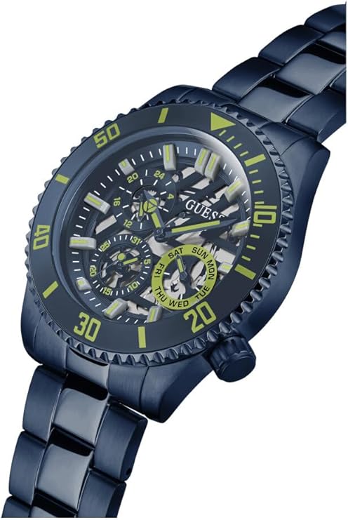 GUESS GW0488G4 angled view showing skeleton dial and yellow bezel markers
