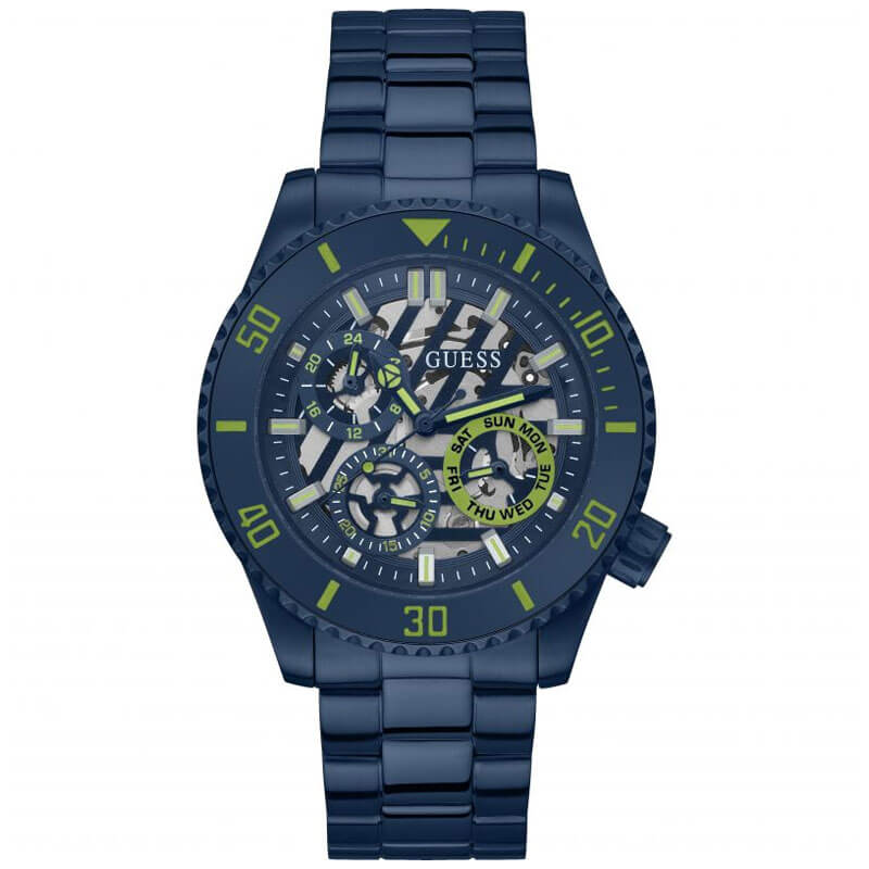 GUESS GW0488G4 navy skeleton dial multi-function watch with yellow accents