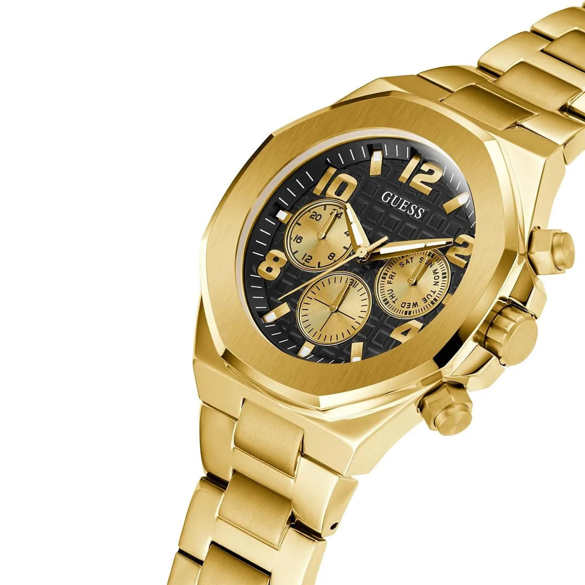 GUESS GW0489G2 gold watch angled view showing case and gold-tone metal bracelet