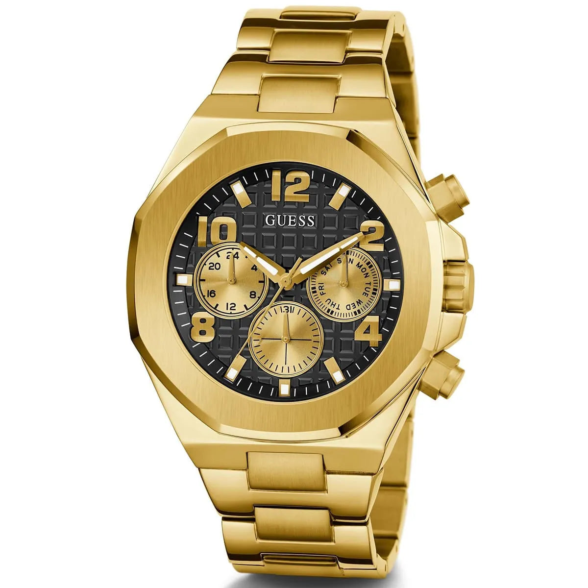 GUESS GW0489G2 chronograph watch front view with metal gold bracelet and black chronograph dial