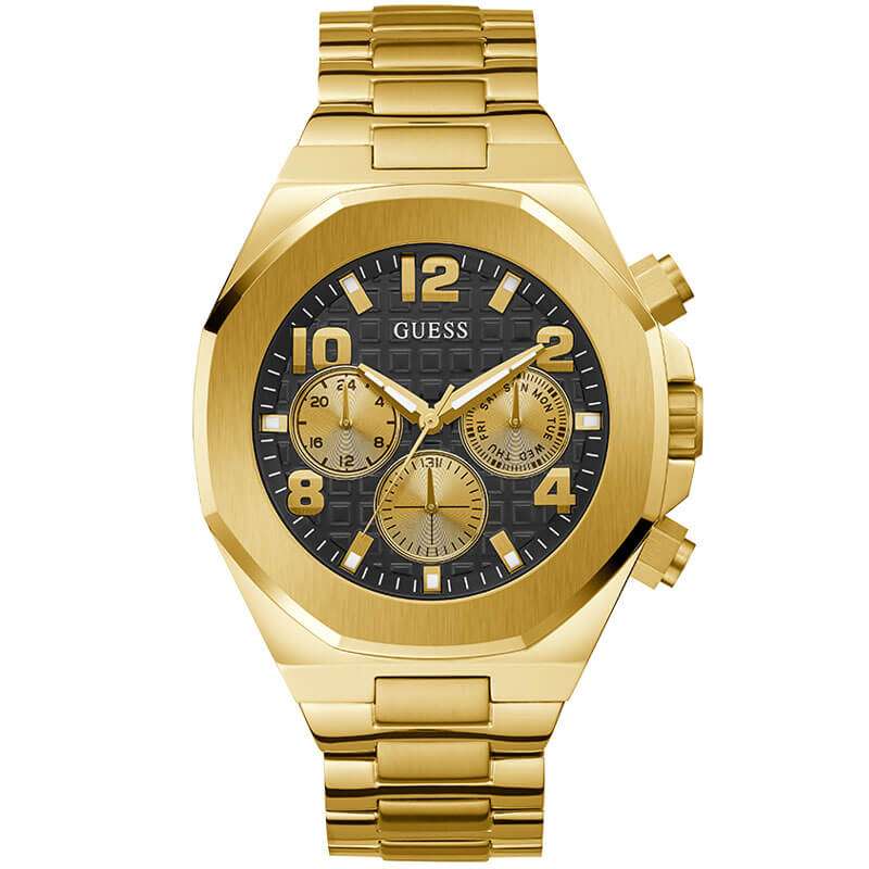 GUESS GW0489G2 gold tone men's chronograph watch with black dial and gold subdials