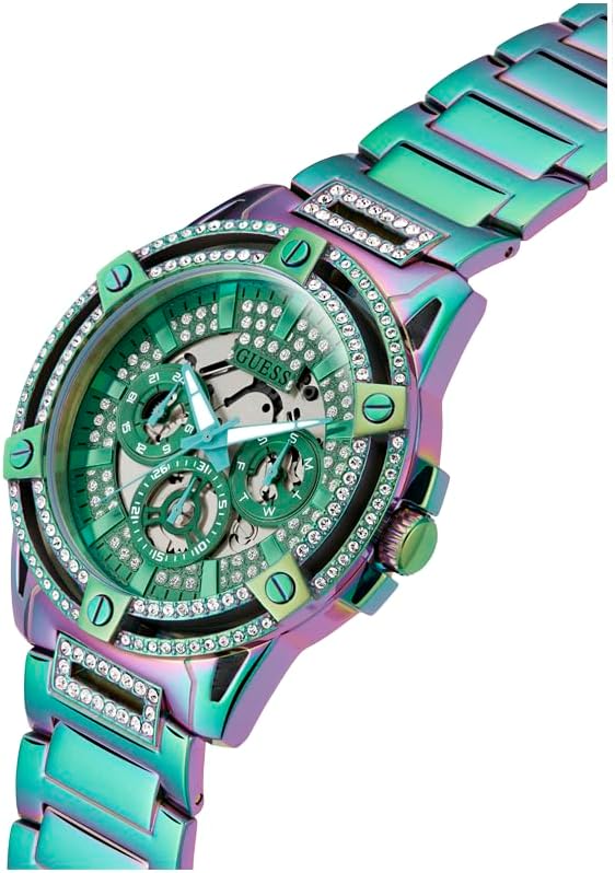 GUESS iridescent mens watch angled view with crystal bezel and skeleton movement