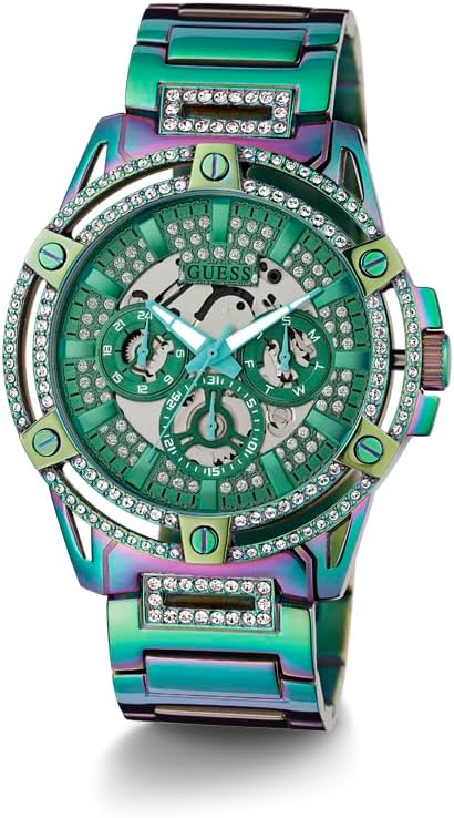GUESS iridescent multifunction watch front display with green skeleton dial and crystals