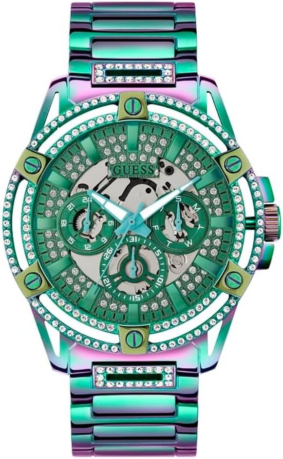 GUESS iridescent green multifunction mens watch with crystal bezel and skeleton dial