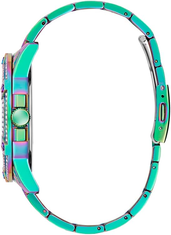 GUESS iridescent watch side view showing rainbow metal bracelet and case profile