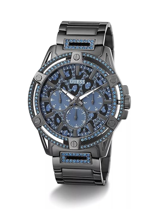 GUESS GW0497G5 angled view of gunmetal chronograph with multi-function dial and blue accents