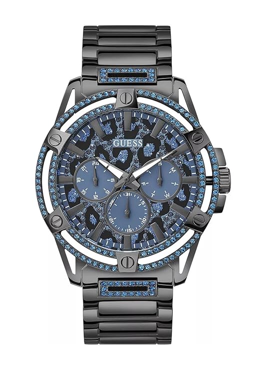 GUESS GW0497G5 gunmetal multi-function chronograph watch with blue dial and diamond bezel
