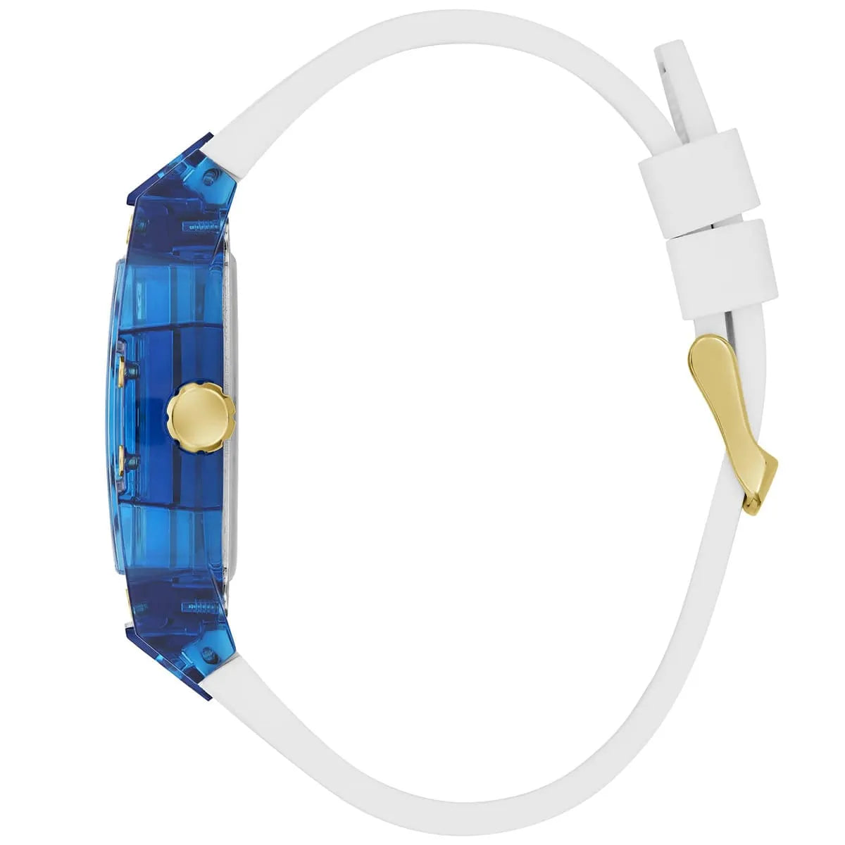 GUESS GW0499G6 watch angled view showing case details and white rubber strap band
