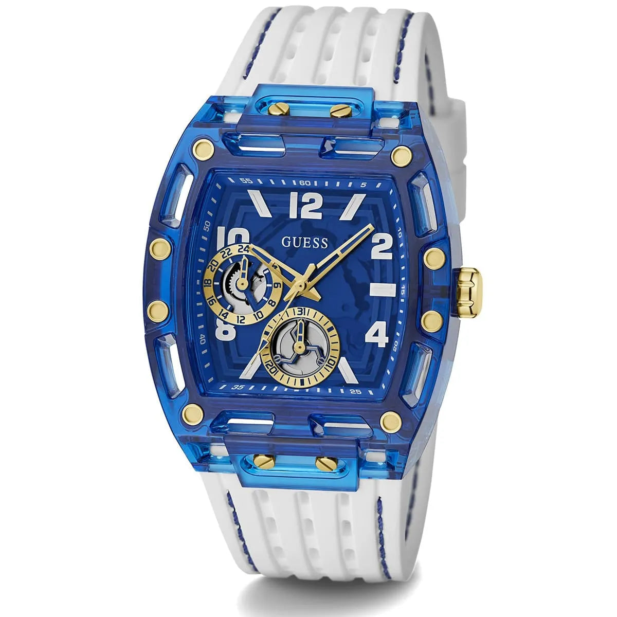 GUESS GW0499G6 watch angled view showing blue transparent case and white rubber strap