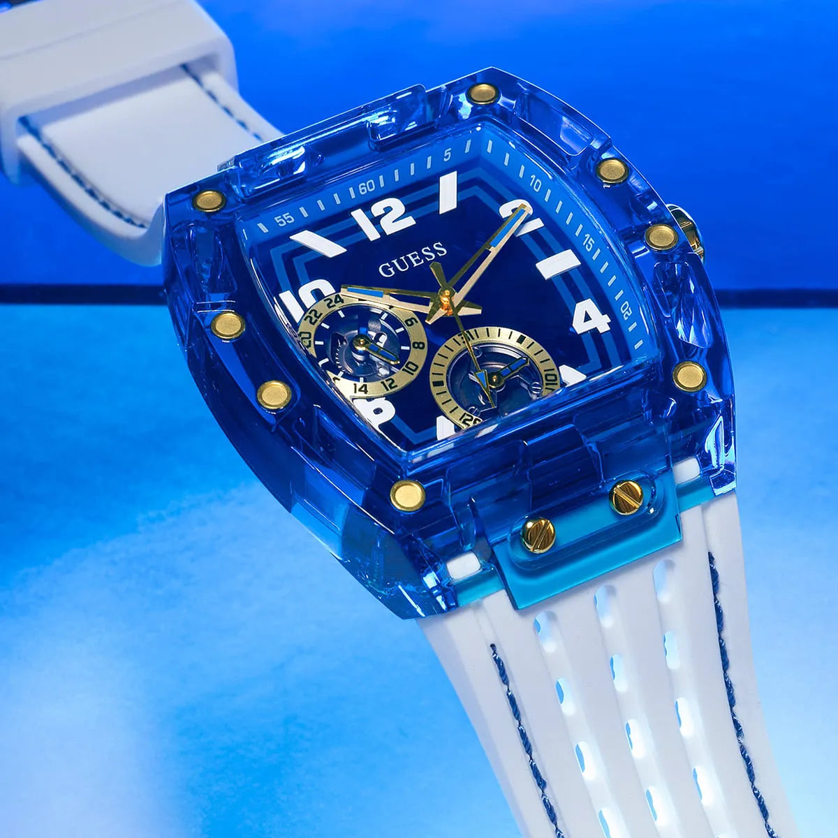 GUESS GW0499G6 dial detail showing multi-function subdials and gold-tone hands