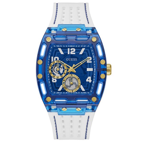 GUESS GW0499G6 watch front view with blue case, multi-function dial, gold accents and white strap