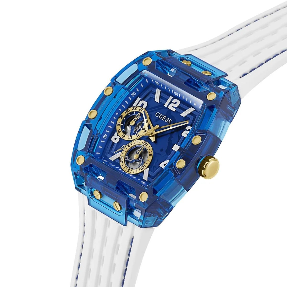 GUESS GW0499G6 watch side view displaying blue case profile and white strap