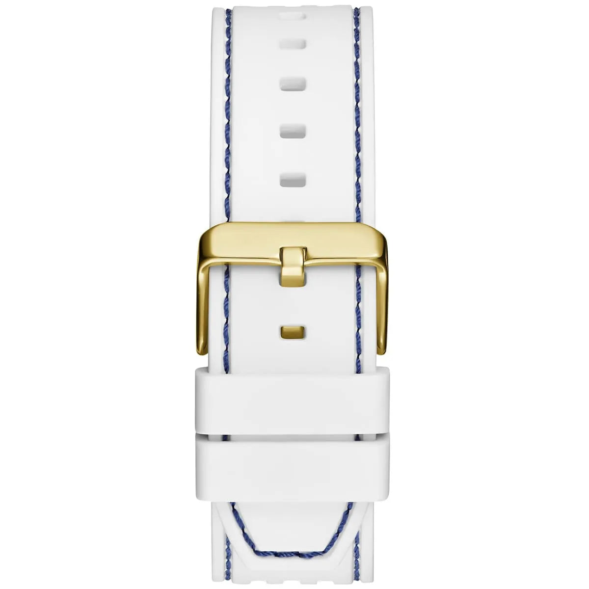 GUESS GW0499G6 white rubber strap with blue stitching and gold-tone buckle