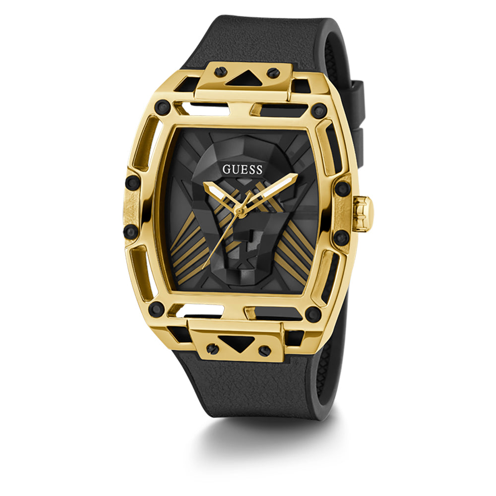 Guess gold tone case watch with black rubber strap and black dial, front view