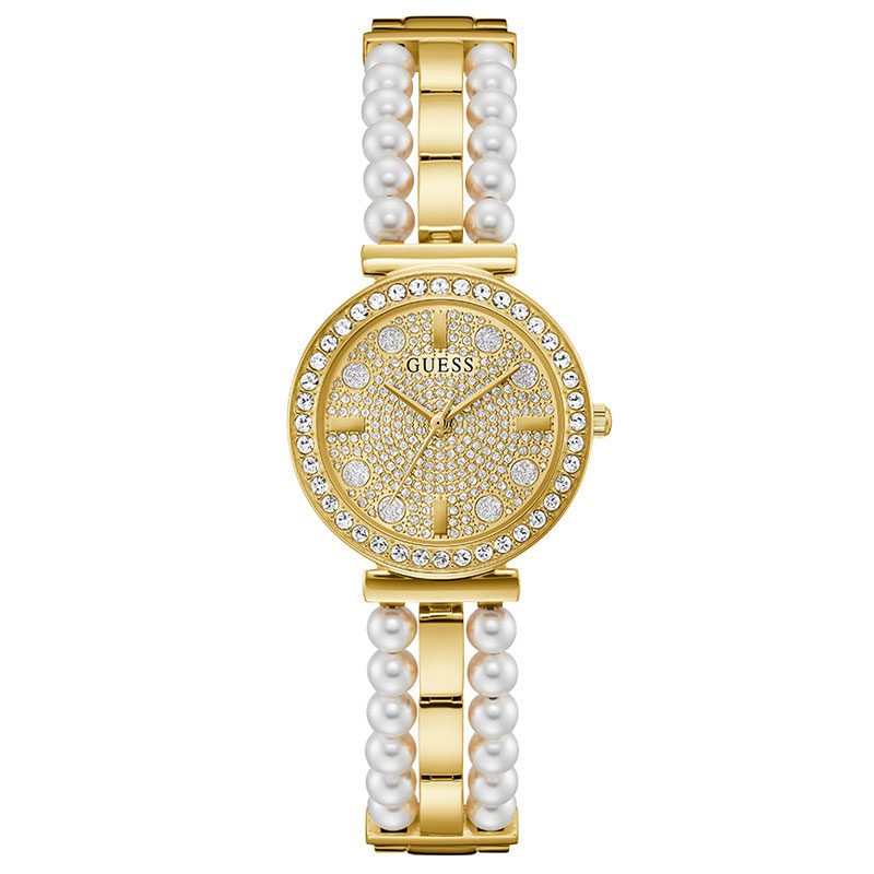 GUESS gold tone ladies watch with crystal-set dial and white pearl bracelet