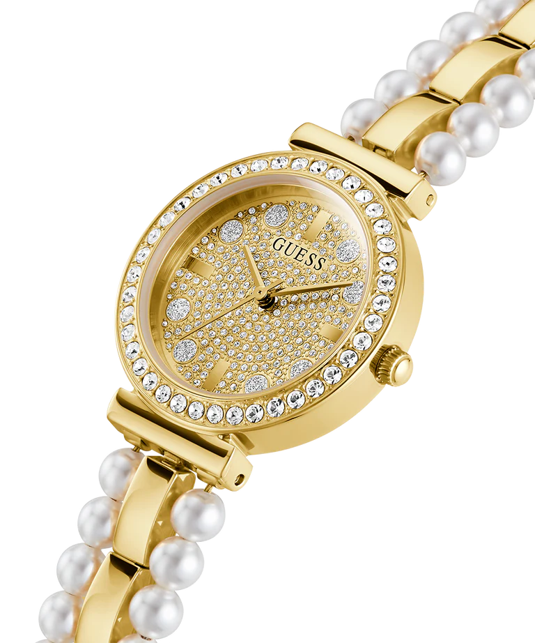 Angled view of GUESS gold watch showing crystal bezel and pearl-gold strap