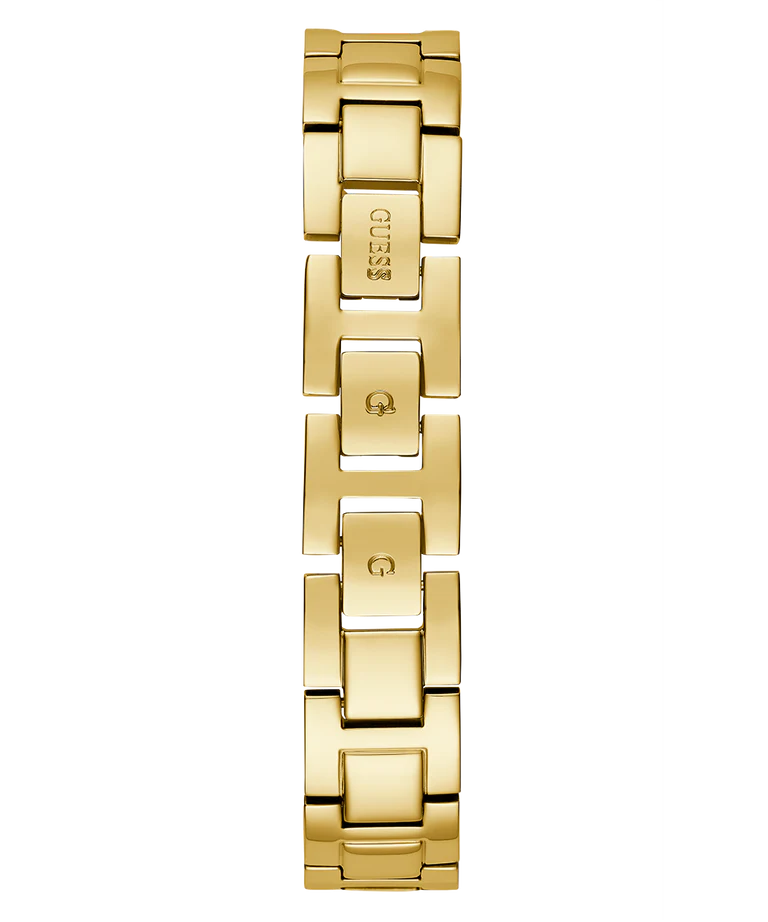 Close-up of GUESS logo and gold bar links on pearl bracelet