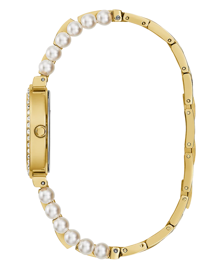 Gold tone bracelet with white pearl and gold bar alternating links