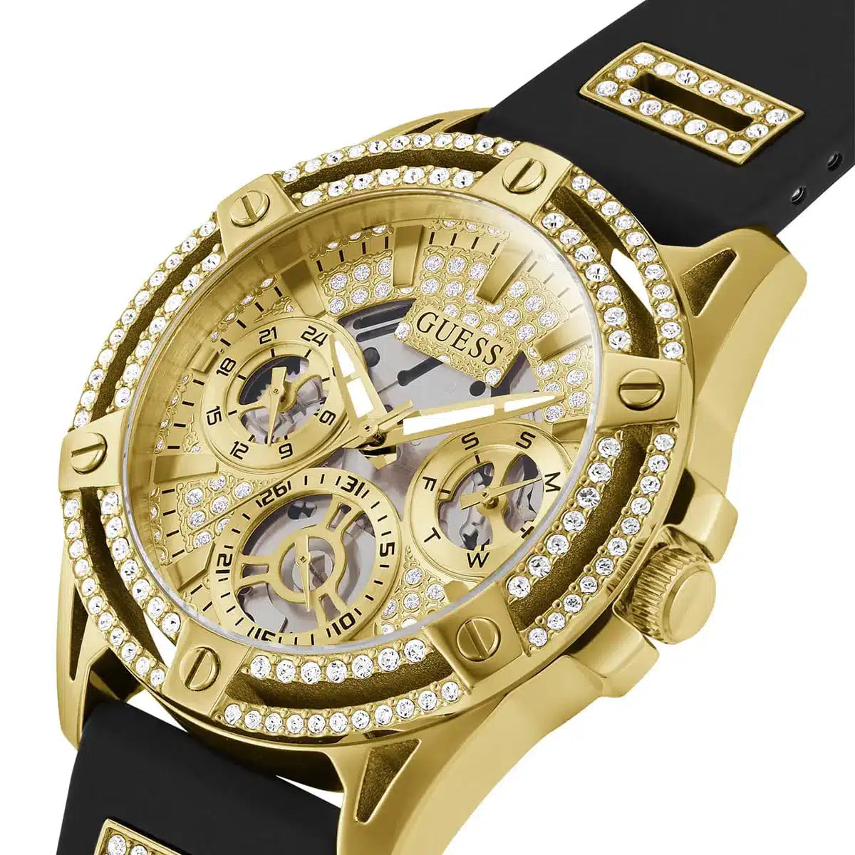Guess GW0536L3 three-quarter view showing gold tone case with crystal details and black rubber strap