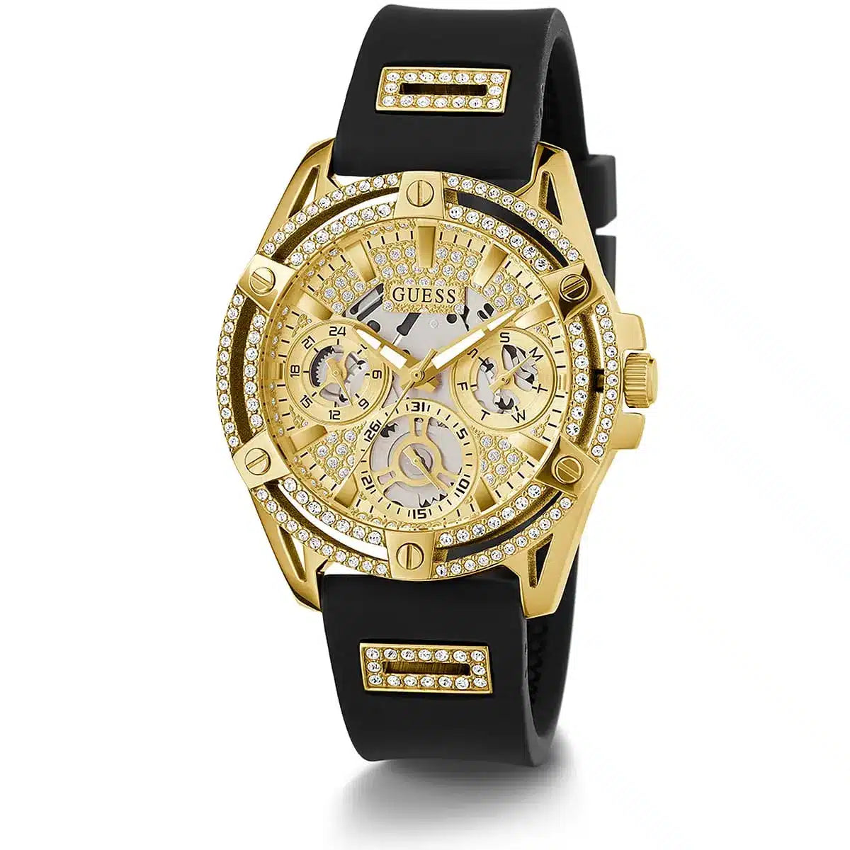 Guess GW0536L3 frontal view of champagne dial with multi-subdial layout and crystal-set bezel