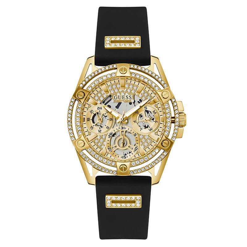 Guess GW0536L3 women's watch with champagne dial, gold case, crystal bezel, and black rubber strap