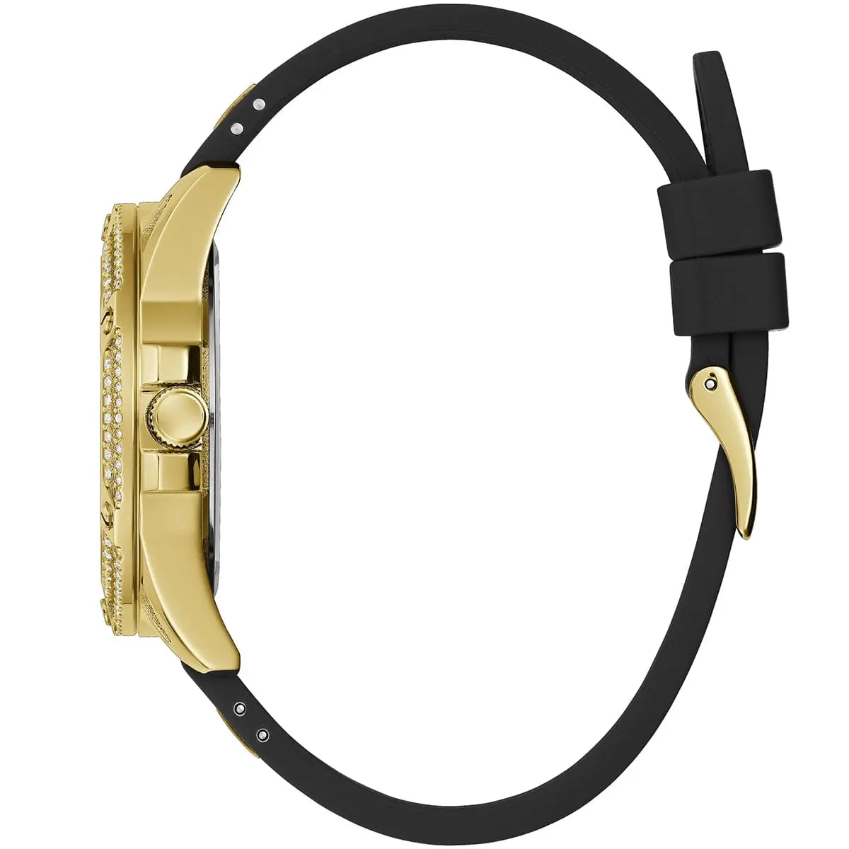 Guess GW0536L3 side profile showing gold case thickness and black rubber strap with fold-over buckle