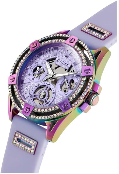 GUESS purple iridescent watch side angle showing rainbow silicone strap and chronograph dial