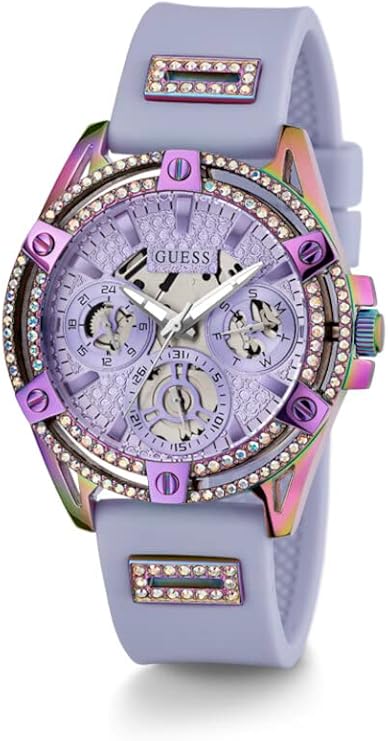 GUESS purple iridescent multi-function ladies watch with crystal bezel and silicone strap