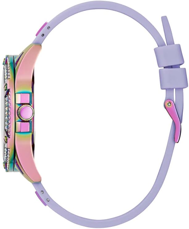 GUESS watch strap detail showing purple silicone band with iridescent accents and buckle