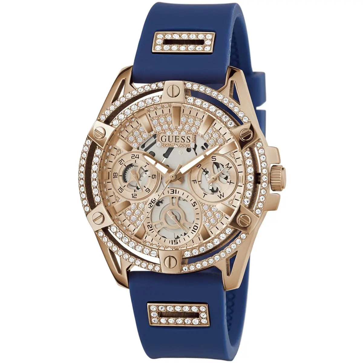 Guess GW0536L5 multi-function watch at three-quarter angle showing rose gold case and blue strap