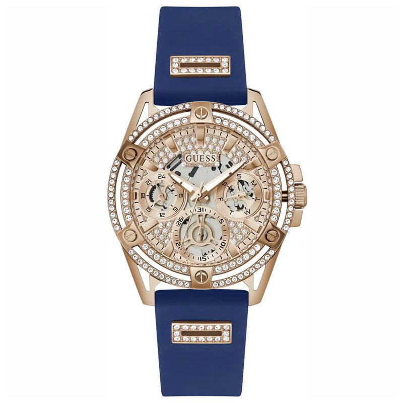 Guess GW0536L5 women's watch with rose gold dial, crystal-adorned case, blue rubber strap