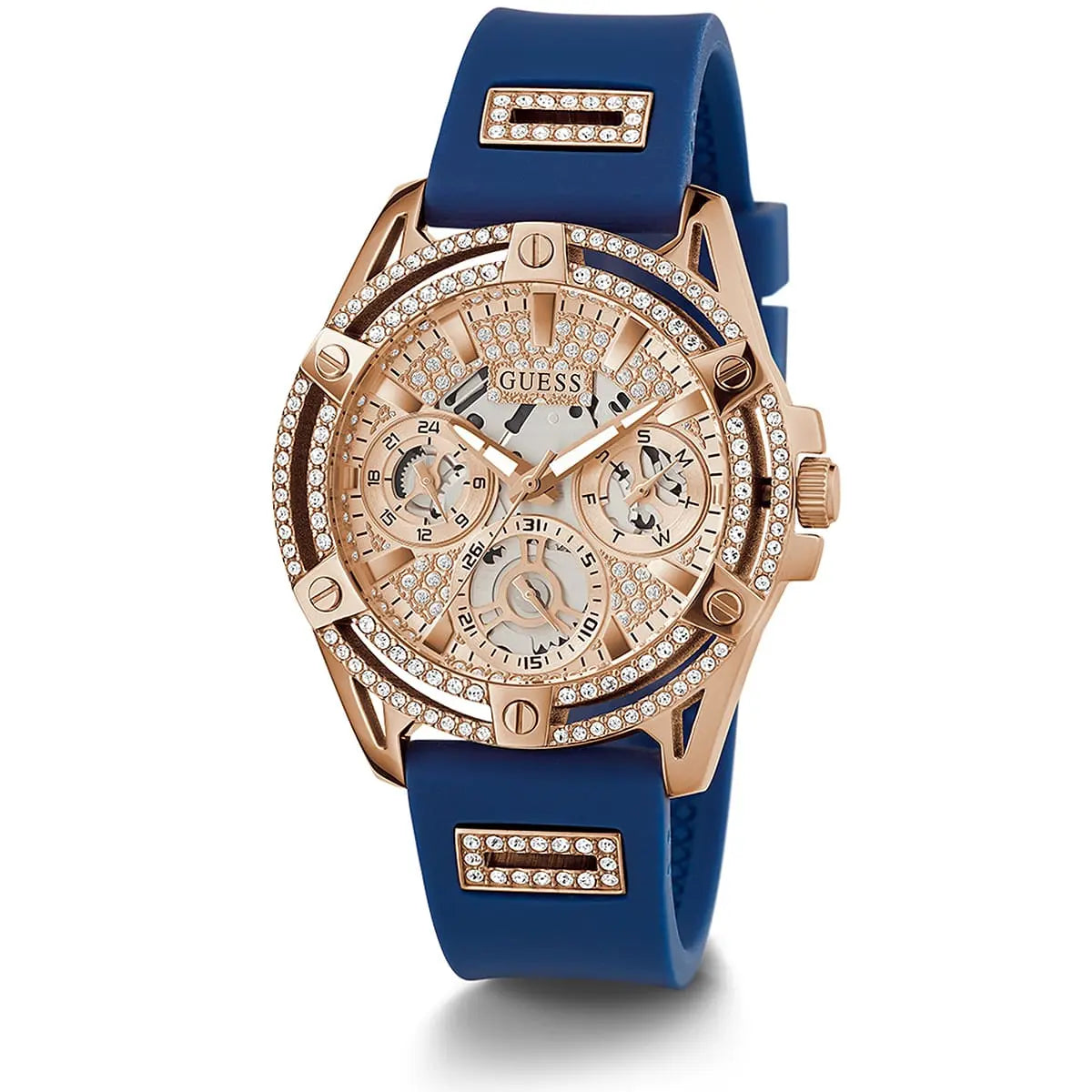 Guess GW0536L5 women's multi-function watch with rose gold case and blue rubber strap