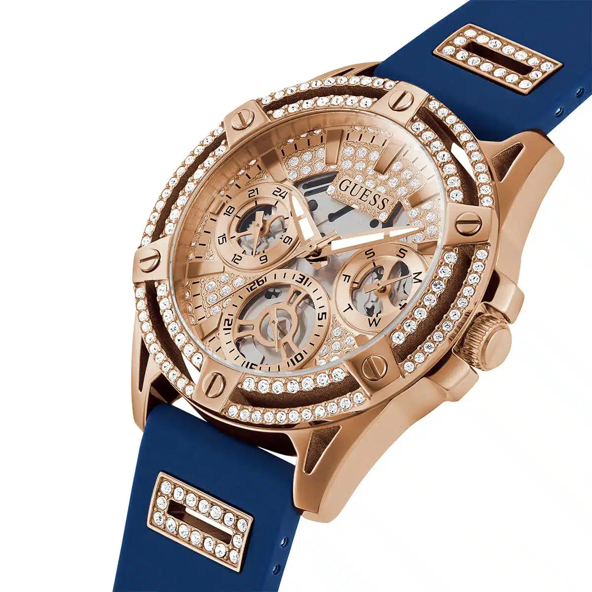 Guess GW0536L5 side view displaying rose gold case profile and blue rubber strap